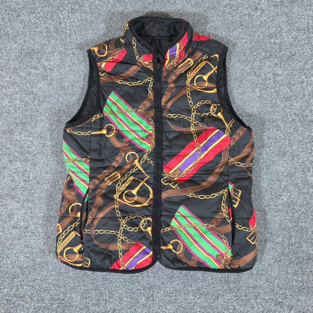 Lauren Ralph Lauren Reversible Quilt Vest Med Black Equestrian Chain Print Flaw